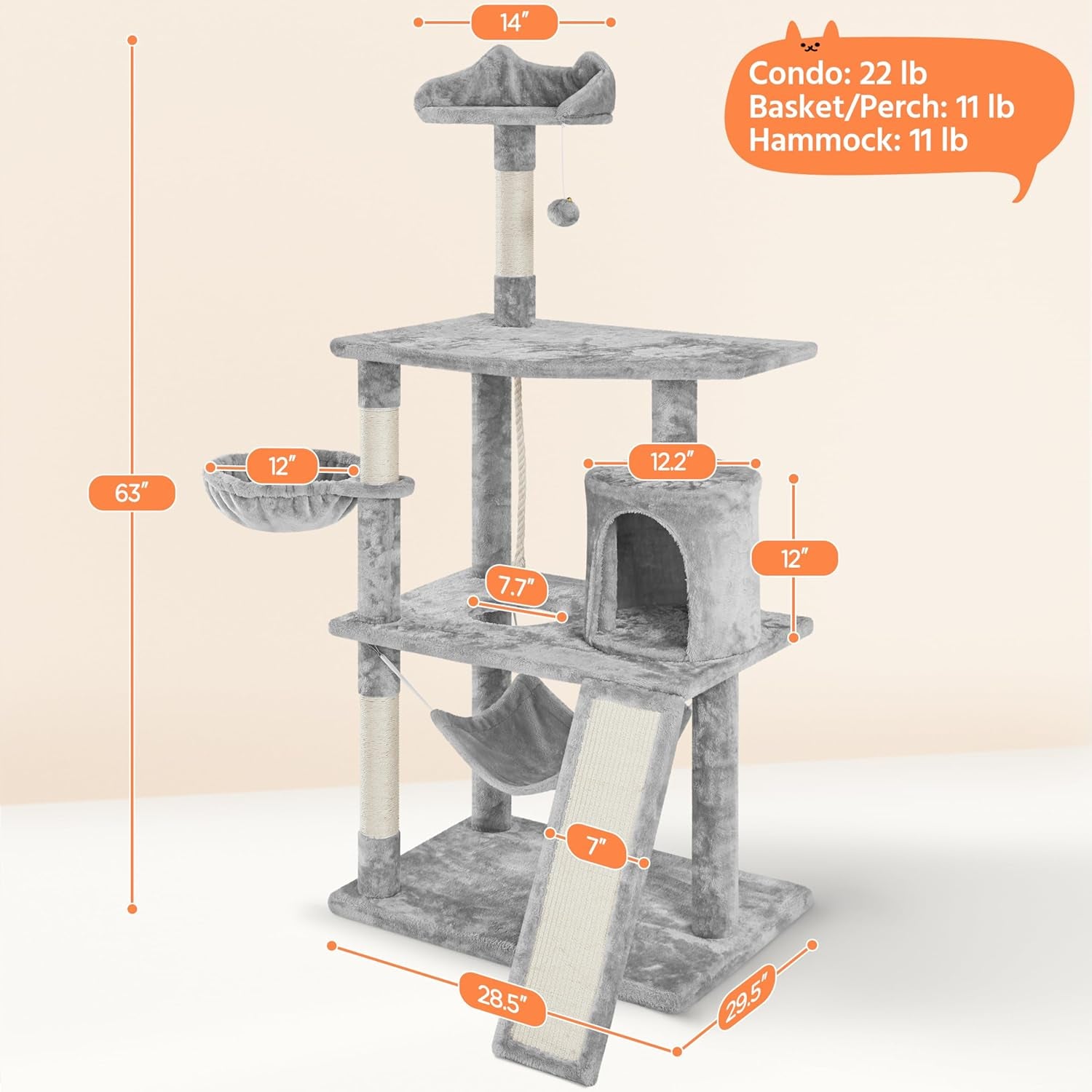 63.5In Multi-Level Cat Tree Tower Condo with Scratching Posts, Platform & Hammock, Cat Activity Center Play Furniture for Kittens, Cats, and Pets