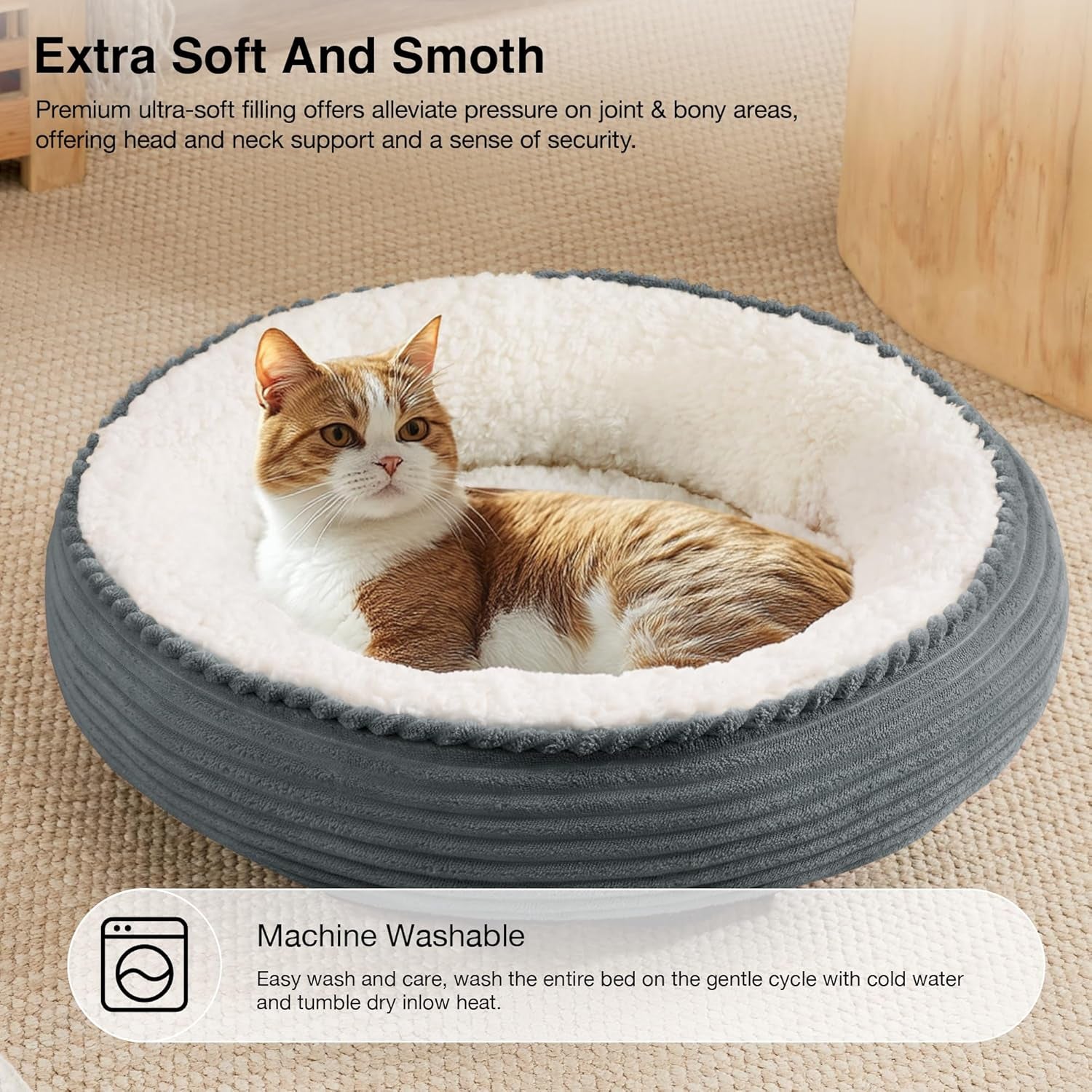 round Donut Cat and Dog Cushion Bed, 20In Pet Bed for Cats or Small Dogs, Anti-Slip Water-Resistant Bottom, Super Soft Durable Fabric Pet Beds, Washable Cat Dog Bed Stripe Bluish Grey