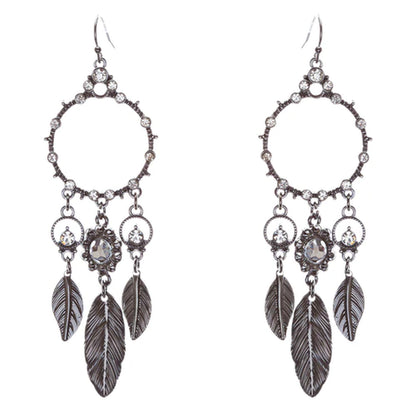 Beautiful Leaf Drop Circle Crystal Rhinestone Fashion Dangle Earrings Hematite